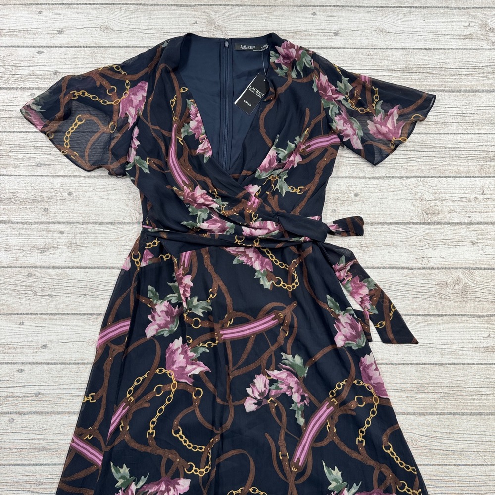 NEW Lauren Ralph Lauren Midi Dress Women's 14 Navy Floral Chain Print Faux Wrap